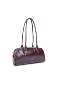 Borsa in pelle color bordeaux con hardware dorato, doppio manico e design arrotondato. Presenta una chiusura con zip e logo impresso.