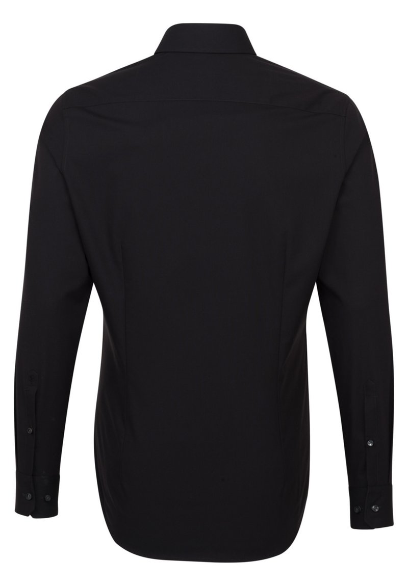 Schwarzes Langarmhemd mit Kragen, Knopfmanschetten und glatter Textur in taillierter Passform. Rückansicht sichtbar.