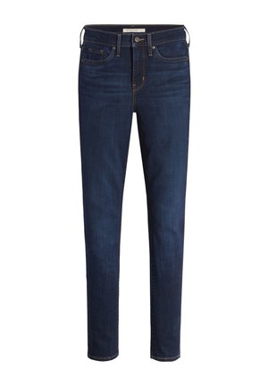 Dunkelblaue Jeans im Slim Fit mit fünf Taschen, subtilen Nähten und einem klassischen Knopfverschluss an der Taille.