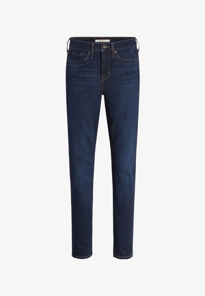 Jeans de denim oscuro con un corte slim, diseño de cinco bolsillos, detalles de costura sutiles y un cierre de botón clásico en la cintura.