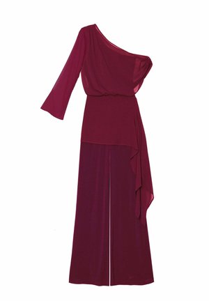 Combinaison une épaule bordeaux avec un haut fluide, des manches longues et une coupe large. Tissu doux et détail drapé sur le côté.