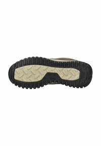 Suola di una scarpa con un design testurizzato beige e nero, caratterizzato da scanalature profonde e motivi per migliorare la trazione. Branding chiaro visibile.