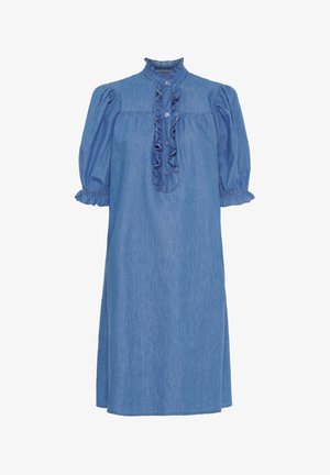 Blå denimkjole med puffede albuelange ærmer, flæset høj krave og knapdetalje med flæser langs frontknaplinjen.