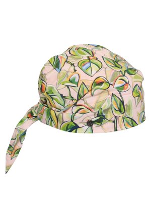 Light pink cloth headscarf with green and multicolored leaf patterns and a small round metallic decorative button.