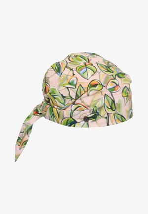 Light pink cloth headscarf with green and multicolored leaf patterns and a small round metallic decorative button.
