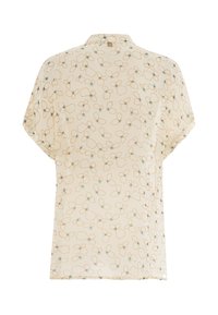 Kurzärmlige, cremefarbene, transparente Bluse mit lockerer Passform, verziert mit abstrakten Blumenmustern aus braunen Linien und blauen Punkten.