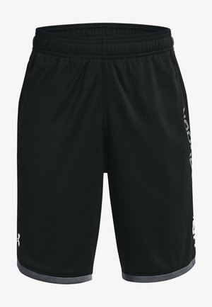 Pantaloni sportivi neri con cintura elastica, rifinitura grigia all'orlo e logo bianco sul lato e nella parte inferiore della gamba sinistra.