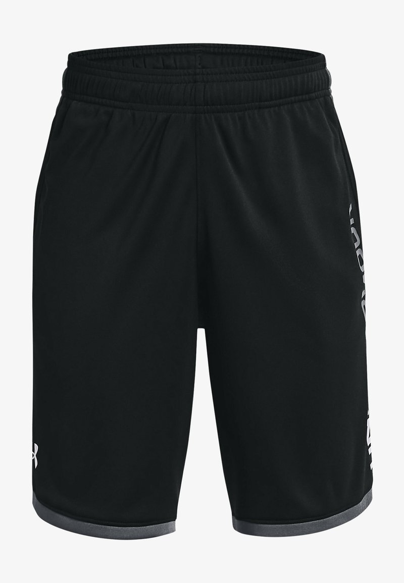 Pantaloni sportivi neri con cintura elastica, rifinitura grigia all'orlo e logo bianco sul lato e nella parte inferiore della gamba sinistra.