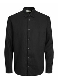 Camicia nera a maniche lunghe in lino, con chiusura a bottoni, collo classico e trama sottile. Adatta per abbigliamento casual.