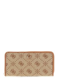 Portafoglio beige con esterno in tessuto texturizzato, caratterizzato da un motivo a rombi marrone. Presenta una chiusura con zip e un accento in logo argentato.