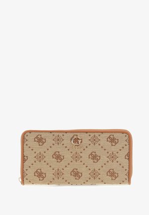 Portafoglio beige con esterno in tessuto texturizzato, caratterizzato da un motivo a rombi marrone. Presenta una chiusura con zip e un accento in logo argentato.