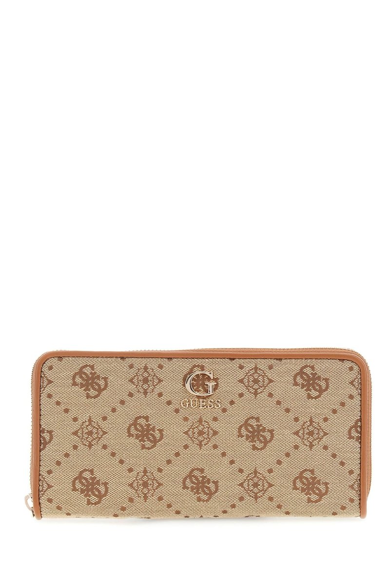 Portafoglio beige con esterno in tessuto texturizzato, caratterizzato da un motivo a rombi marrone. Presenta una chiusura con zip e un accento in logo argentato.