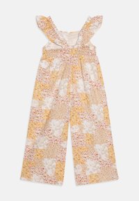 Jumpsuit con motivo floreale e maniche a volant, caratterizzato da un corpetto smock e pantaloni a gamba larga. I colori predominanti includono giallo, bianco e rosa.