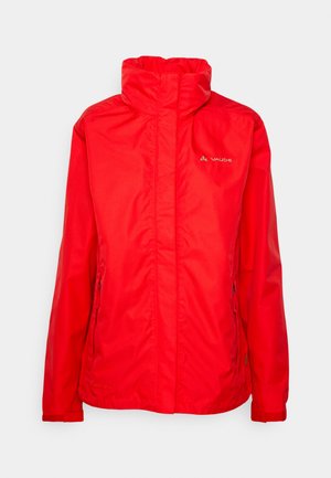 Red waterproof jacket with a high collar, front zipper, two side pockets, and a subtle logo on the left chest. Smooth texture.