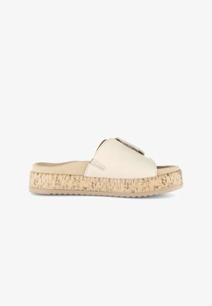 Sandale à glissière beige avec large bride en cuir, boucle réglable, semelle intérieure rembourrée et semelle plateforme à motif liège.