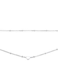 Collana in argento con pendente a forma di cuore e piccoli accenti rotondi distribuiti lungo la catena. Texture liscia, design minimalista.
