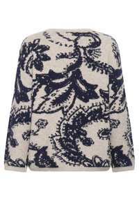 Pletený sveter béžovej farby s námorníckym kvetinovým vzorom, s dlhými rukávmi a voľným strihom. Mäkká textúra a detailné rebrované lemovanie.