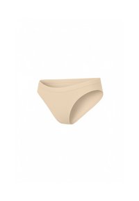 Beige bikinibroekje met een gladde textuur, laag uitgesneden ontwerp en een brede zijkant. Naadloze randen voor een comfortabele pasvorm.