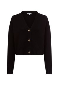 Zwarte cropped cardigan met V-hals, geribde manchetten en drie grote goudkleurige knopen aan de voorkant. Getextureerde gebreide stof.