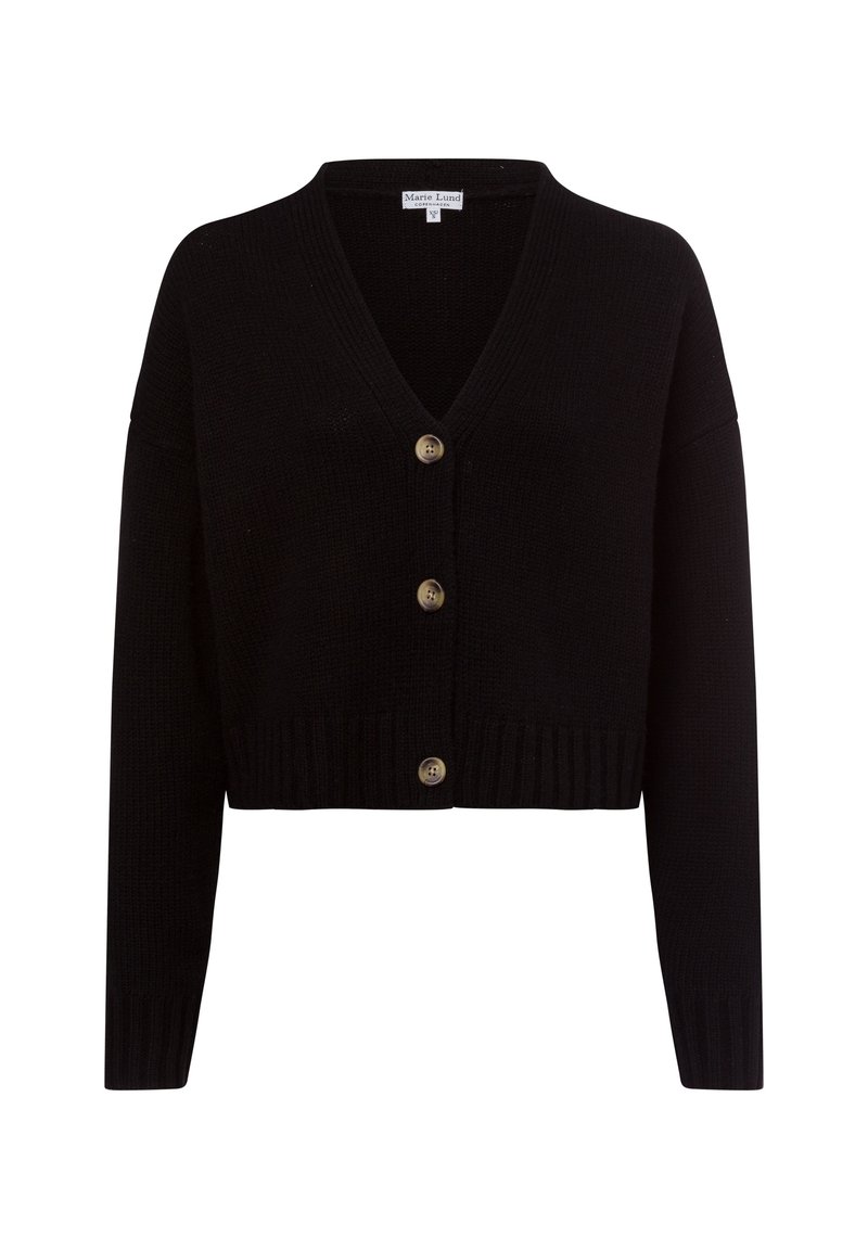 Zwarte cropped cardigan met V-hals, geribde manchetten en drie grote goudkleurige knopen aan de voorkant. Getextureerde gebreide stof.