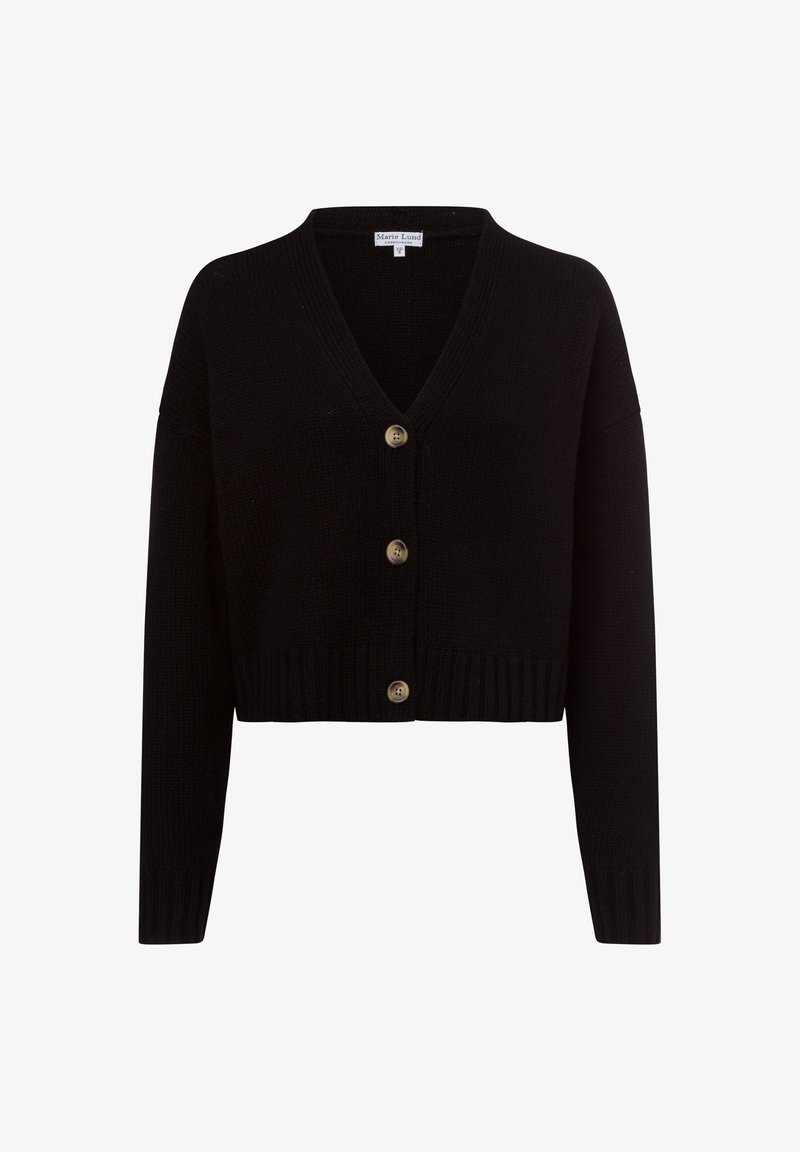 Zwarte cropped cardigan met V-hals, geribde manchetten en drie grote goudkleurige knopen aan de voorkant. Getextureerde gebreide stof.