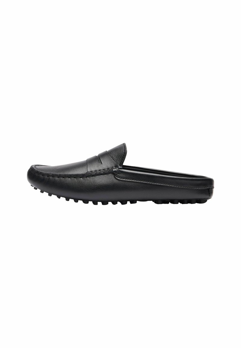 Schwarzer Leder-Slipper mit runder Zehenpartie, dekorativer Naht und strukturiertem Gummisohle mit kleinen Traktionsnoppen.