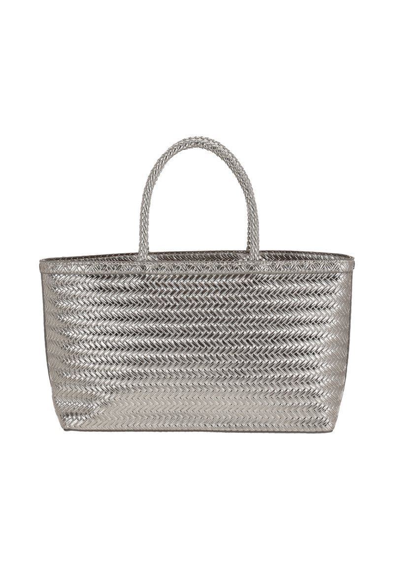 Zilverkleurige geweven draagtas met een rechthoekige vorm, voorzien van twee geweven handvatten en een gestructureerd zigzagpatroon aan de buitenzijde.