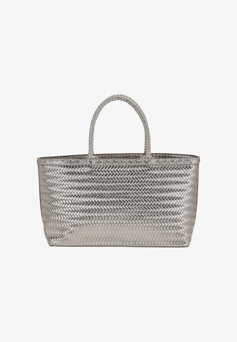 Zilverkleurige geweven draagtas met een rechthoekige vorm, voorzien van twee geweven handvatten en een gestructureerd zigzagpatroon aan de buitenzijde.