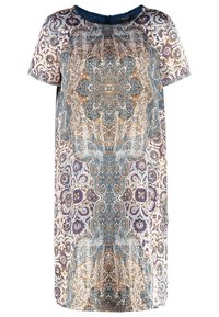 Robe à manches courtes avec un motif floral symétrique complexe et orné en tons de bleu, beige, violet et blanc.