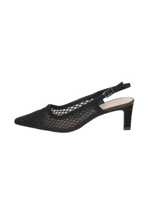 Zwarte slingback pump van mesh met een puntige neus, een blokhak van gemiddelde hoogte en een verstelbare gespsluiting.