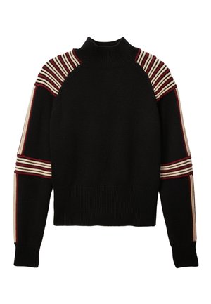 Pull en maille noire à col montant. Présente des accents rayés en crème et bordeaux sur les épaules et les manches, au design court.