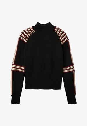Pull en maille noire à col montant. Présente des accents rayés en crème et bordeaux sur les épaules et les manches, au design court.