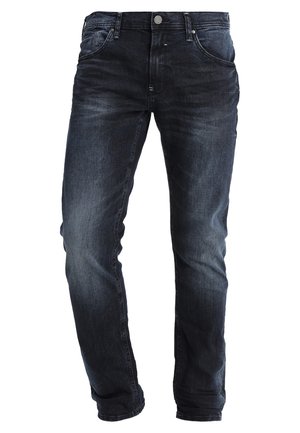 Dunkelblaue Jeans aus Denim mit geradem Schnitt, ausgestattet mit einem Reißverschluss, fünf Taschen und subtilen Auswaschungen an den Beinen für zusätzliche Textur.