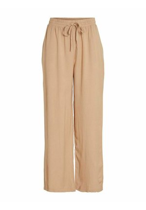 Light beige wide-leg pants with an elastic waistband and drawstring, made from soft, smooth fabric, featuring a simple and relaxed design.