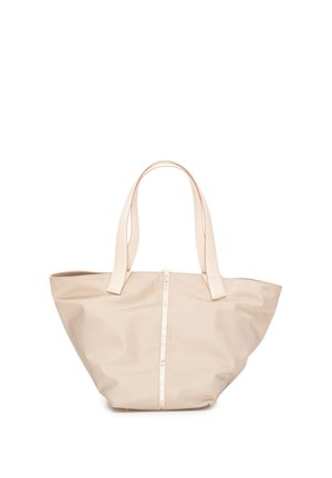 Grande borsa tote beige con manici larghi e chiusura centrale con zip, realizzata in tessuto liscio.