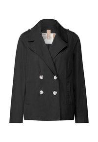 Blazer nero doppiopetto con ampie rever, quattro bottoni argentati, spalline e due tasche frontali.