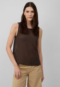 Brown ribbed sleeveless top with a round neckline, designed for a relaxed fit, textured fabric, and visible stitching details.