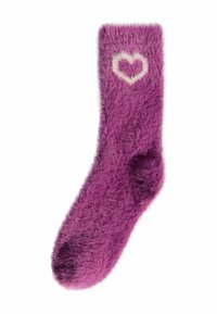 Violets zīdainās zeķes ar mīkstu tekstūru, krēmkrāsas sirds rakstu augšpusē un noapaļotu pirkstu.