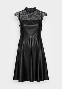 Schwarzes ärmelloses Kleid mit einem Spitzenoverlay am Oberteil, hohem Halsauschnitt, A-Linien-Silhouette und glattem Ledertextur.