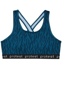  reggiseno sportivo blu con motivo a onde, realizzato in materiale elasticizzato. Presenta un elastico nero con testo bianco ripetuto e spalline incrociate.