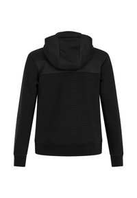 Zwarte hoodie-jack met gewatteerd patroon op de mouwen en het lichaam, geribde manchetten en zoom, gezien vanuit de achterkant op een witte achtergrond.