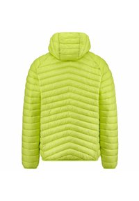 Giacca puffer verde lime con cappuccio, caratterizzata da un design a chevron trapuntato, materiale leggero e polsini a coste. Vista posteriore mostrata.