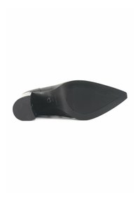 Black women's high-heeled shoe sole, pointed toe design, smooth and textured rubber, featuring a ridged pattern for traction.