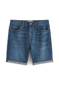 Dunkelblaue Denim-Shorts mit umgeschlagenem Saum, klassischem Fünf-Taschen-Design und kontrastierenden Nähten. Glatte Textur mit minimaler Ausbleichung.
