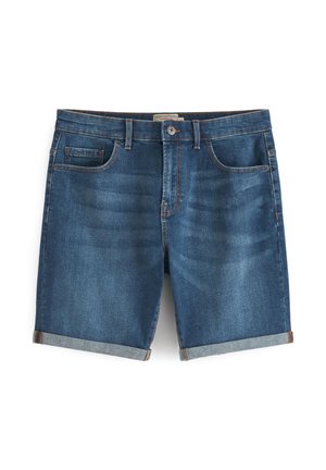 Jeansshorts i mörkblått med uppvikta kanter, klassisk femficksdesign och kontrasterande sömmar. Slät textur med minimal blekning.
