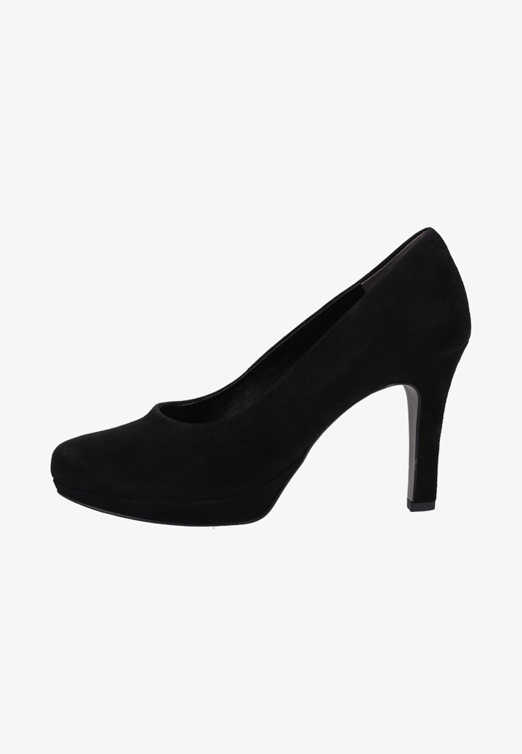 Escarpin noir en nubuck avec un bout arrondi, une base à plateforme et un talon élancé. Texture lisse avec un design simple et classique.