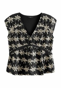 Sort bluse med hvid palme-træ broderi, v-hals, afslappet pasform, guffede talje og korte ærmer. Tekstureret stof med et let udseende.