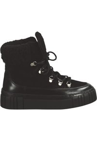 Schwarze High-Top-Schuhe aus Wildleder und Kunstfell, mit Metallösen, Schnürsenkeln und einer dicken, strukturierten Gummisohle mit geriffeltem Design.