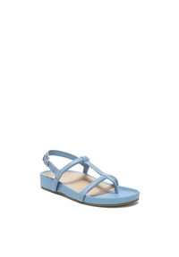 Blue synthetic sandal with cross straps and a toe post. Flat sole in light brown, padded insole, and adjustable ankle strap detail.