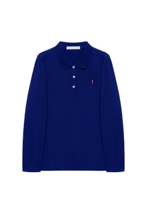 Koszulka polo z długim rękawem w jednolitym granatowym kolorze, z kołnierzykiem, trzema guzikami i małym różowym haftowanym logo na lewej piersi.